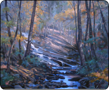 oil painting, forest, trees, Delaware Water Gap